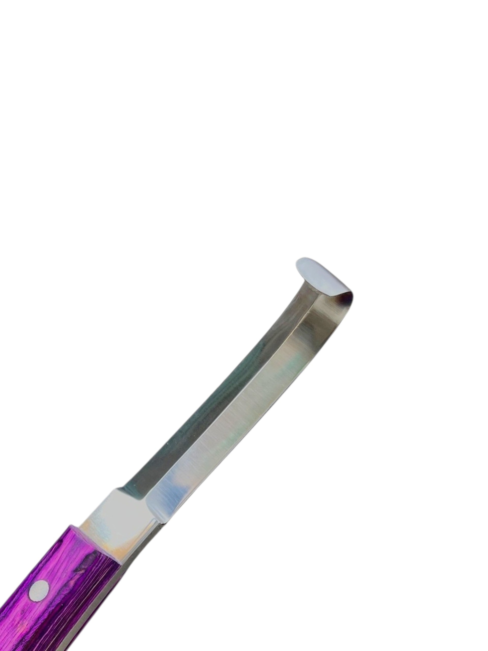 Top view close-up of sharp double-edge stainless steel 
blade on Equine Tools Direct professional farrier hoof knife