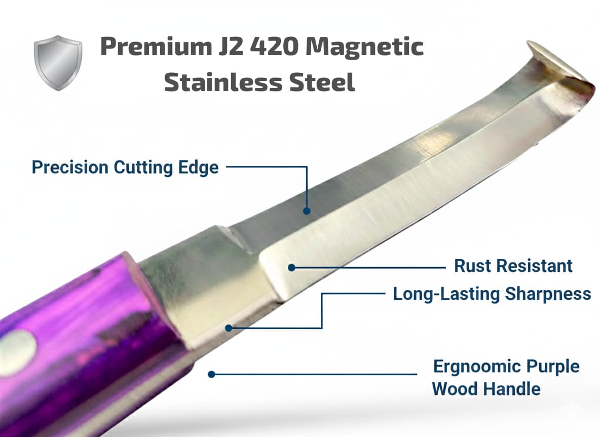 Detailed view of dual cutting edges on professional farrier hoof knife