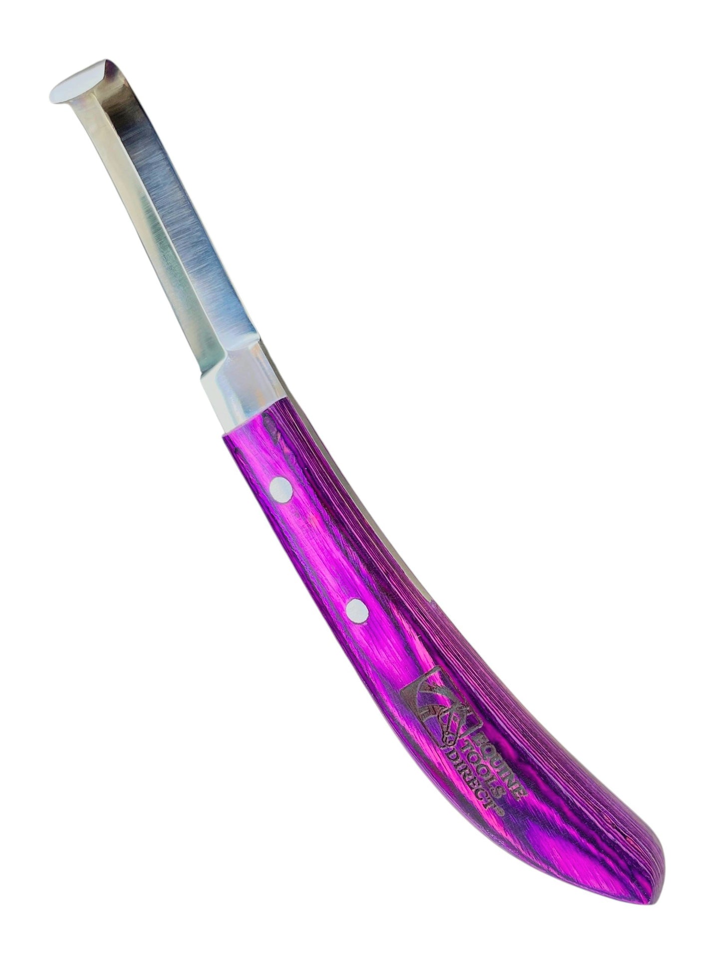 Angled full view of professional double-edge hoof knife with 
purple handle and J2 420 stainless steel blade