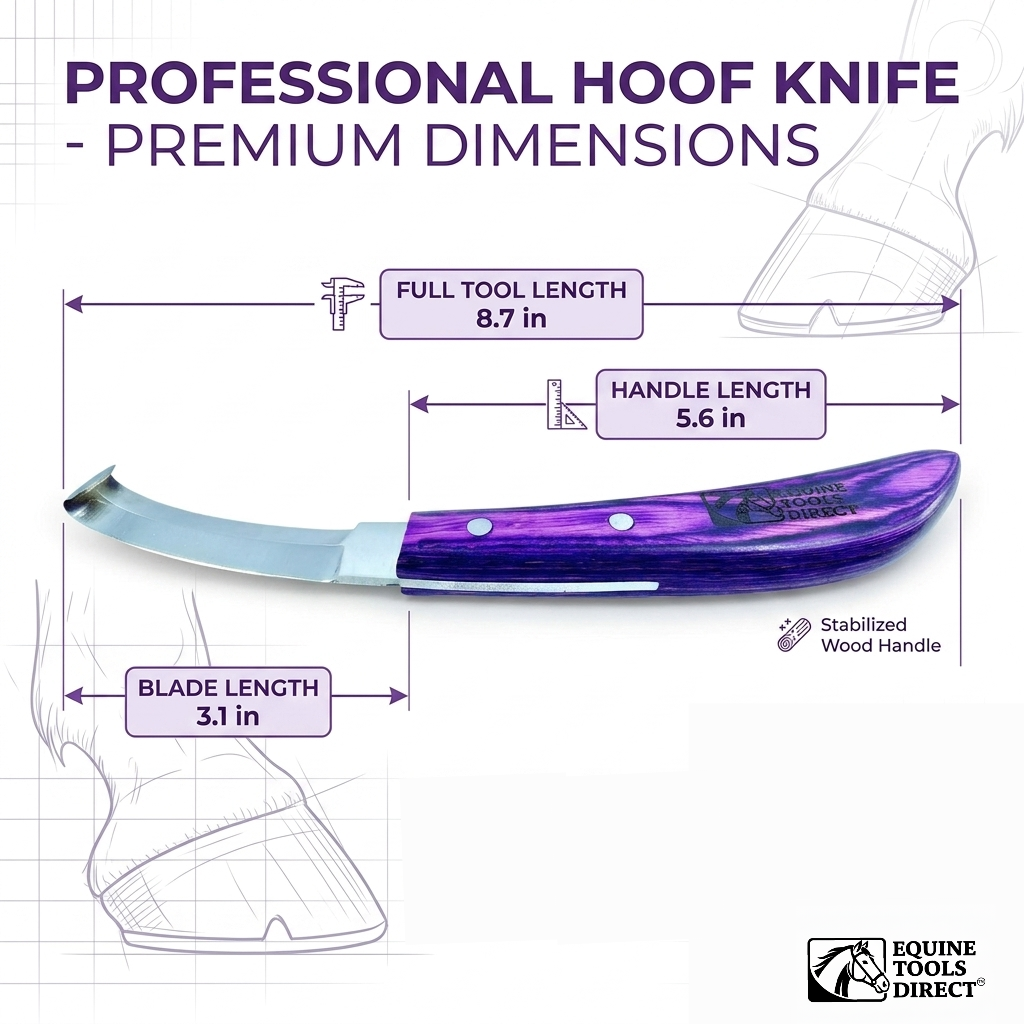 Double-edge hoof knife dimensions – 8.7 inch total length, 
3.1 inch blade, 5.6 inch stabilized purple wood handle
