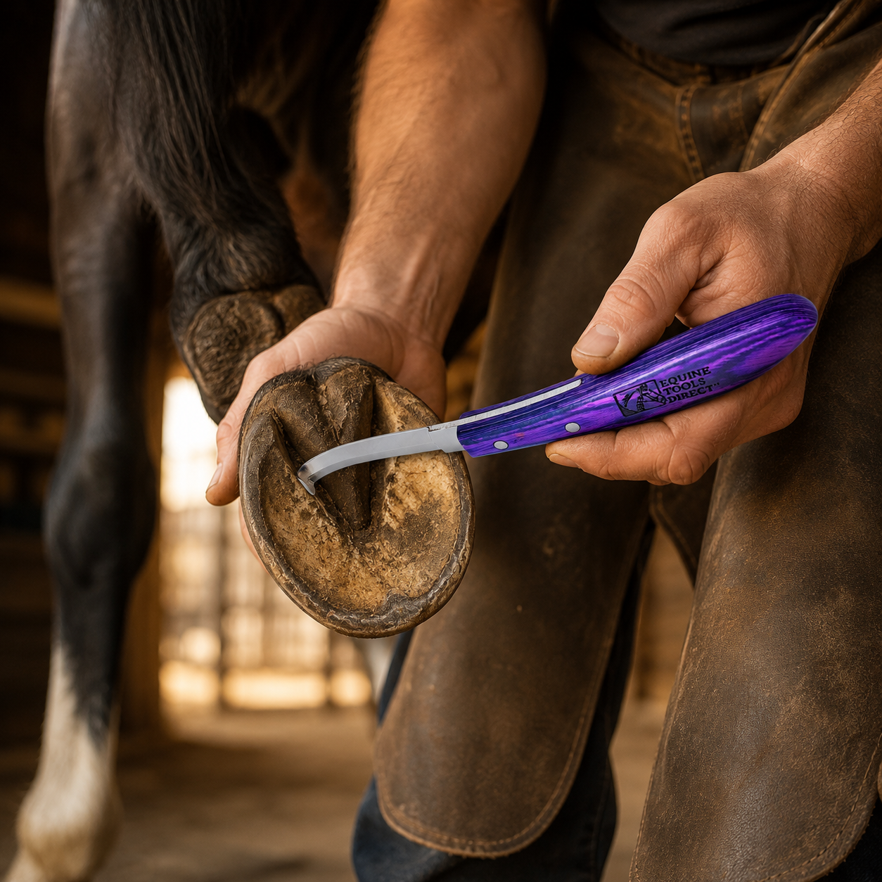 Professional farrier using Equine Tools Direct double-edge 
hoof knife with purple handle to trim horse hoof