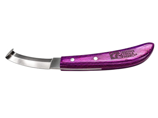 Flat side view of Equine Tools Direct double-edge farrier 
hoof knife with purple wood handle