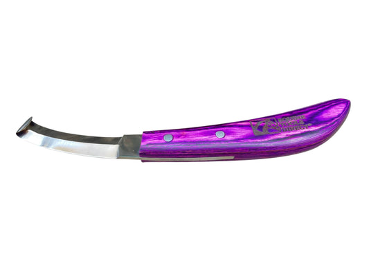 Flat side view of Equine Tools Direct double-edge farrier 
hoof knife with purple wood handle