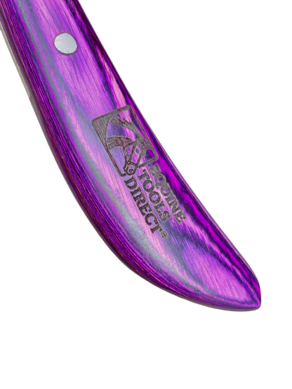 Close-up of Equine Tools Direct engraved logo on purple 
stabilized wood handle of double-edge hoof knife