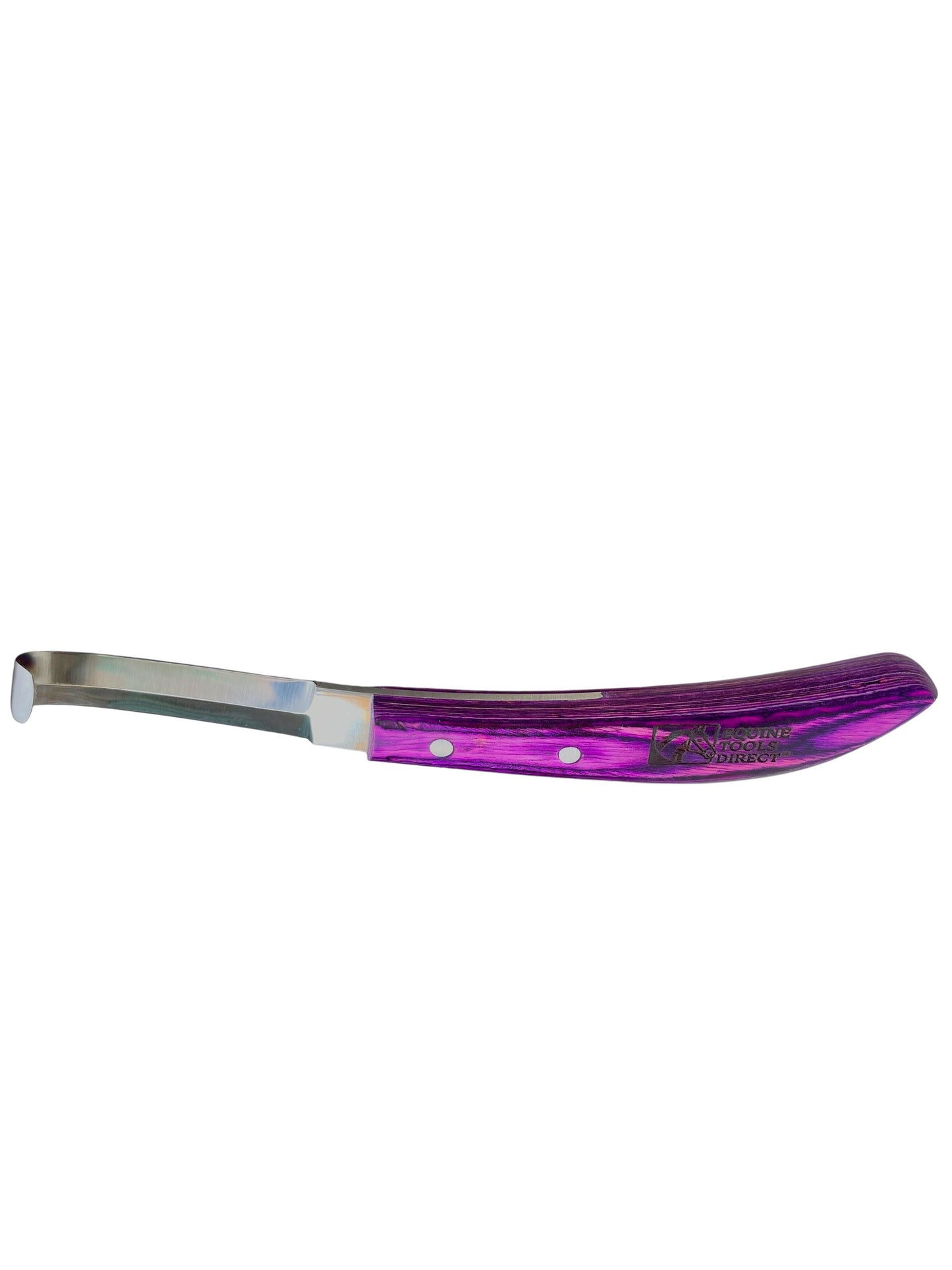 Side profile of Equine Tools Direct double-edge hoof knife 
with purple stabilized wood handle and stainless steel blade