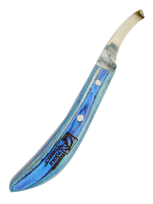 Left-hand curved blade hoof knife by Equine Tools Direct with blue ergonomic handle and J2 stainless steel blade