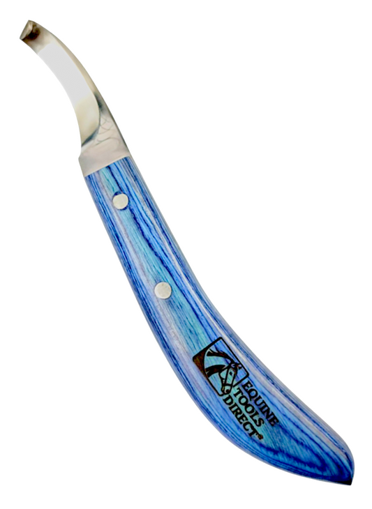 Right-hand curved blade hoof knife by Equine Tools Direct with blue ergonomic handle