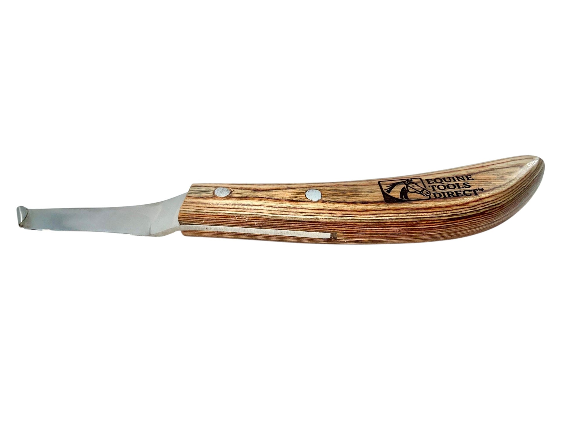 Right-hand curved hoof knife by Equine Tools Direct with wooden handle