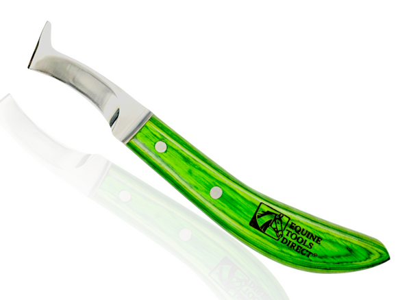 Equine Tools Direct Straight Blade Hoof Knife with Rhino Hook, J2 420 Magnetic Stainless Steel, Right-Hand, Ergonomic Green Handle, Professional Farrier Trimming Tool