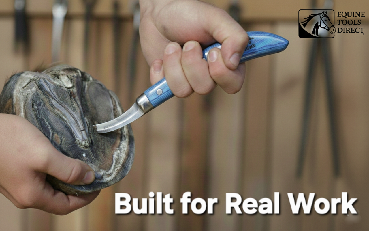 Farrier trimming horse hoof using Left-hand curved blade hoof knife