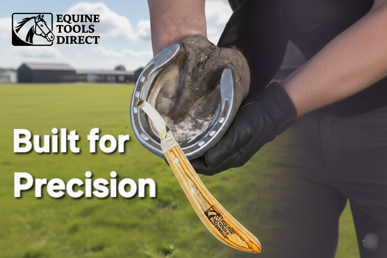 Farrier trimming horse hoof using curved hoof knife with wooden handle
