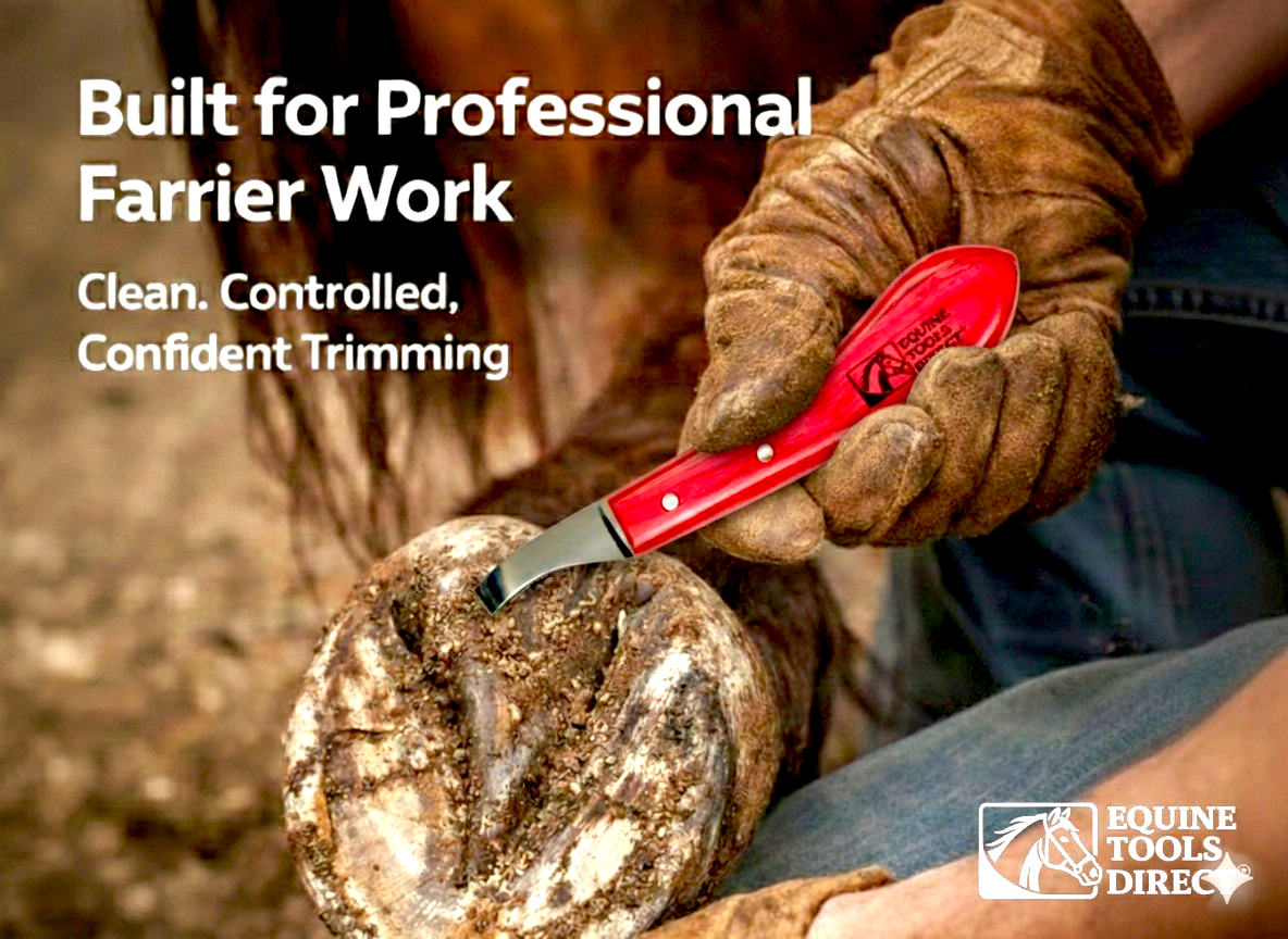 Farrier trimming horse hoof using right-hand loop hoof knife