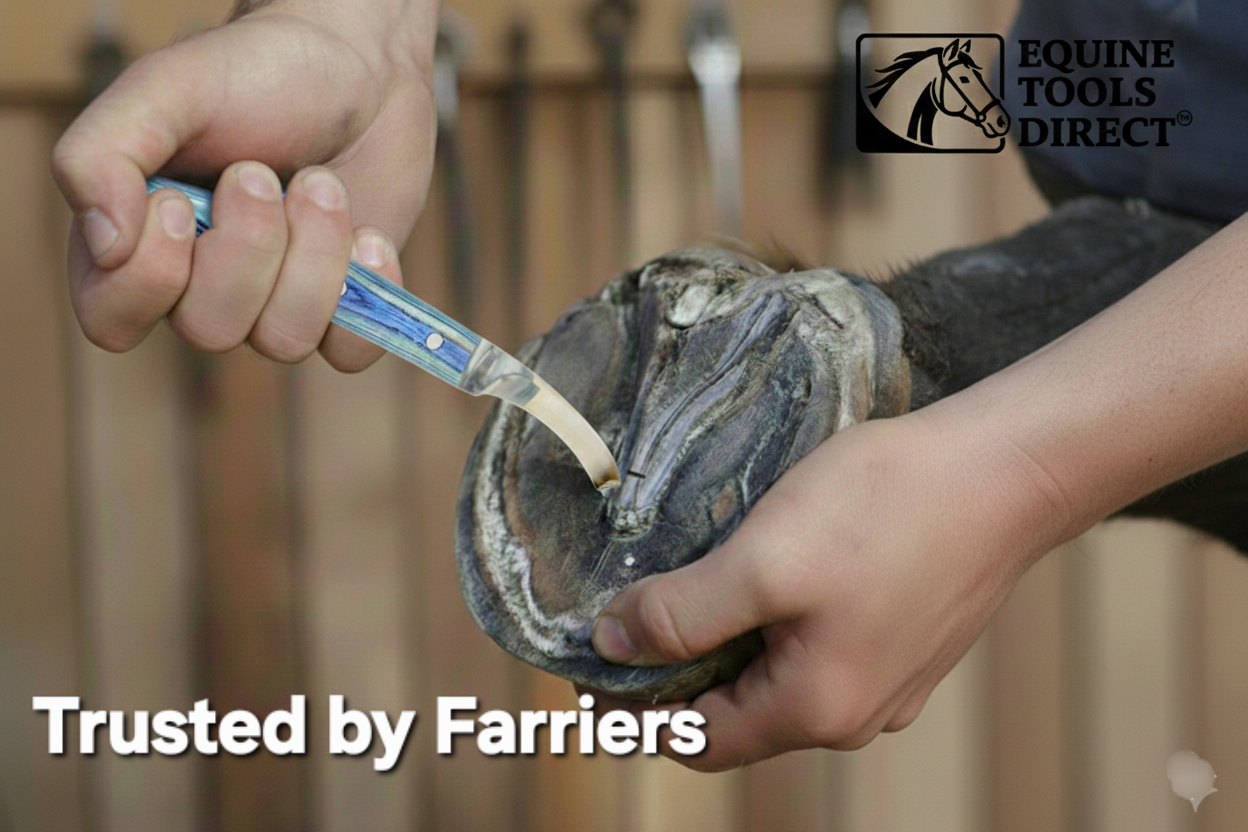 Farrier trimming horse hoof using right-hand curved blade hoof knife
