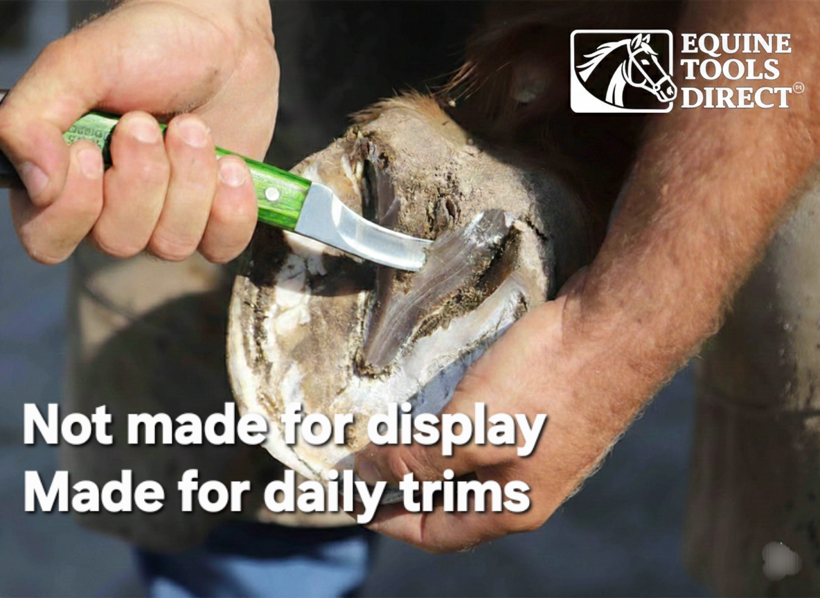 Farrier trimming horse hoof using straight blade hoof knife with rhino hook