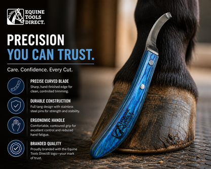 Equine Tools Direct Curved Hoof Knife – Left Hand | J2 420 Magnetic Stainless Steel | Ergonomic Blue Wood Handle | Professional Farrier & Horse Hoof Trimming Tool