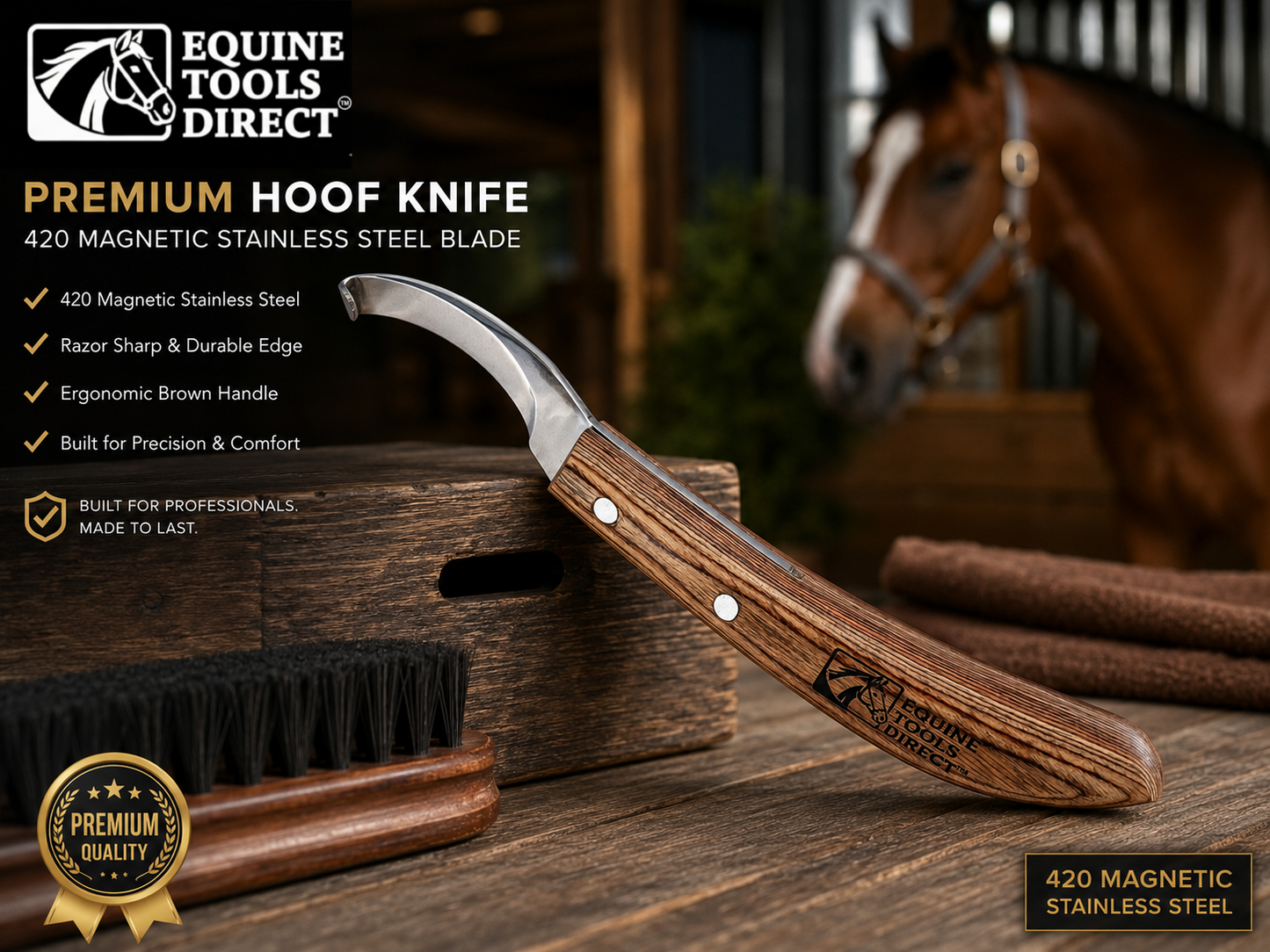 Equine Tools Direct J2 420 Magnetic Stainless Steel Right-Hand Curved Hoof Knife with Wooden Handle, Professional Farrier Hoof Trimming & Cleaning Tool