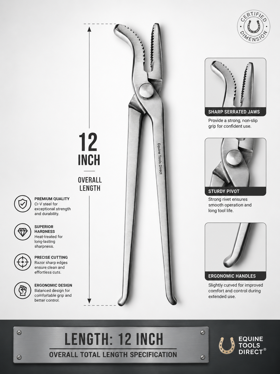 12 inch hoof clincher size guide with usage steps for clinching horseshoe nails