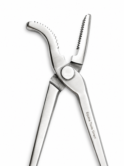 Open jaw view of curved jaw hoof clincher farrier pliers showing the pivot joint