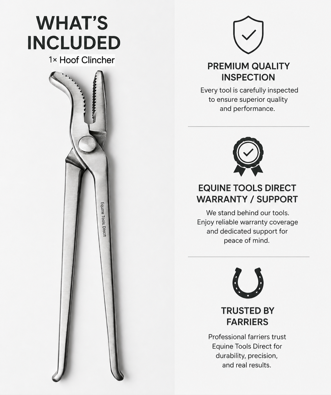  What's included with the Equine Tools Direct hoof clincher, quality inspected