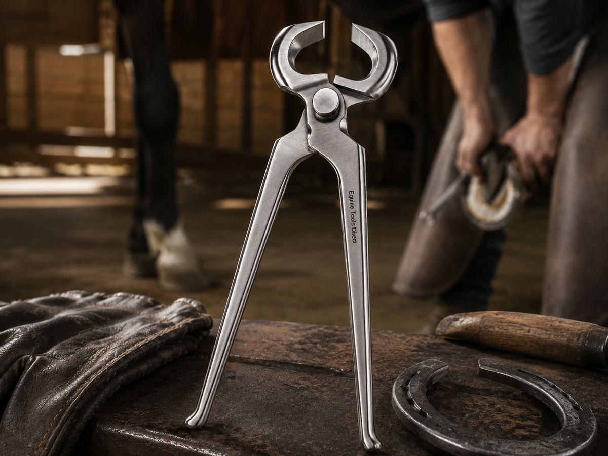 Farrier using 14 inch hoof nippers to trim a horse hoof in a workshop
