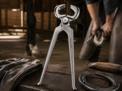 Farrier using 14 inch hoof nippers to trim a horse hoof in a workshop
