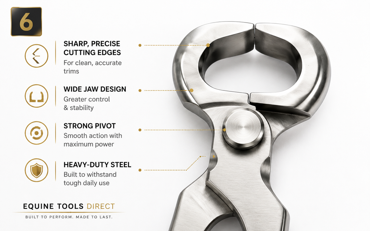 Close-up of 14 inch hoof nippers cutting jaws with feature callouts
