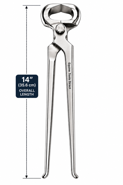 14 inch hoof nippers for horses showing full handle length