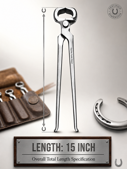  15 inch hoof nippers shown with farrier tools and length label