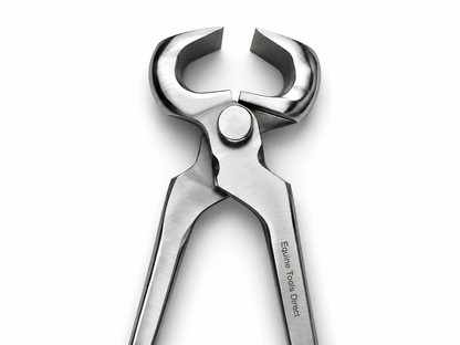 Open jaw angle view of farrier hoof nippers showing the cutting edges