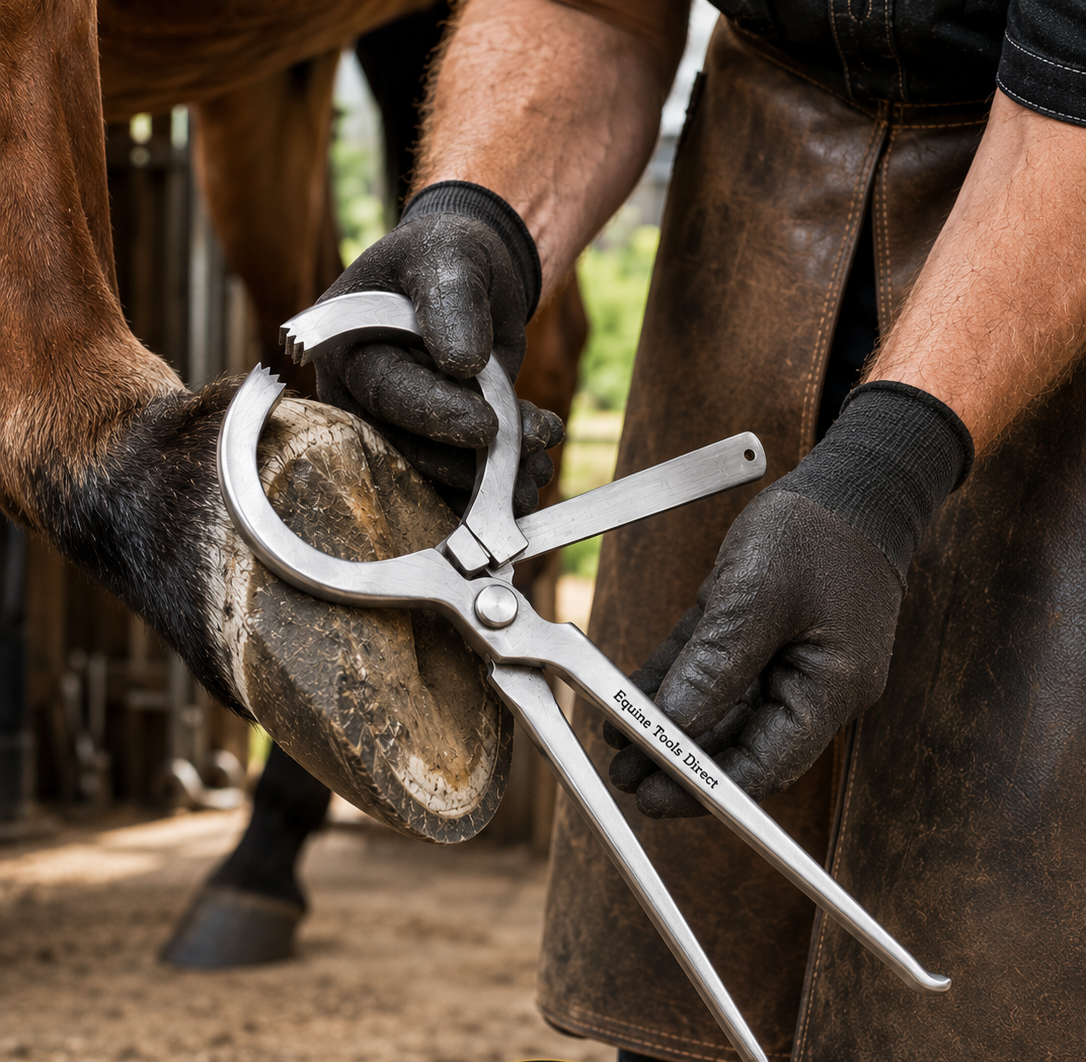 Farrier using an adjustable hoof tester to check a horse's hoof
