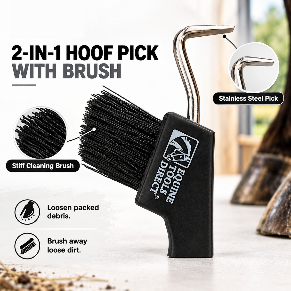 Angled view of Equine Tools Direct horse hoof pick showing Stainless steel pick, stiff brush, and black ergonomic handle with brand logo