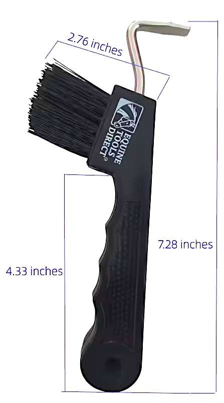 Horse hoof pick with brush dimensions – 7.28 inch total 
length, 4.33 inch brush width, 2.76 inch hook – black 
ergonomic handle