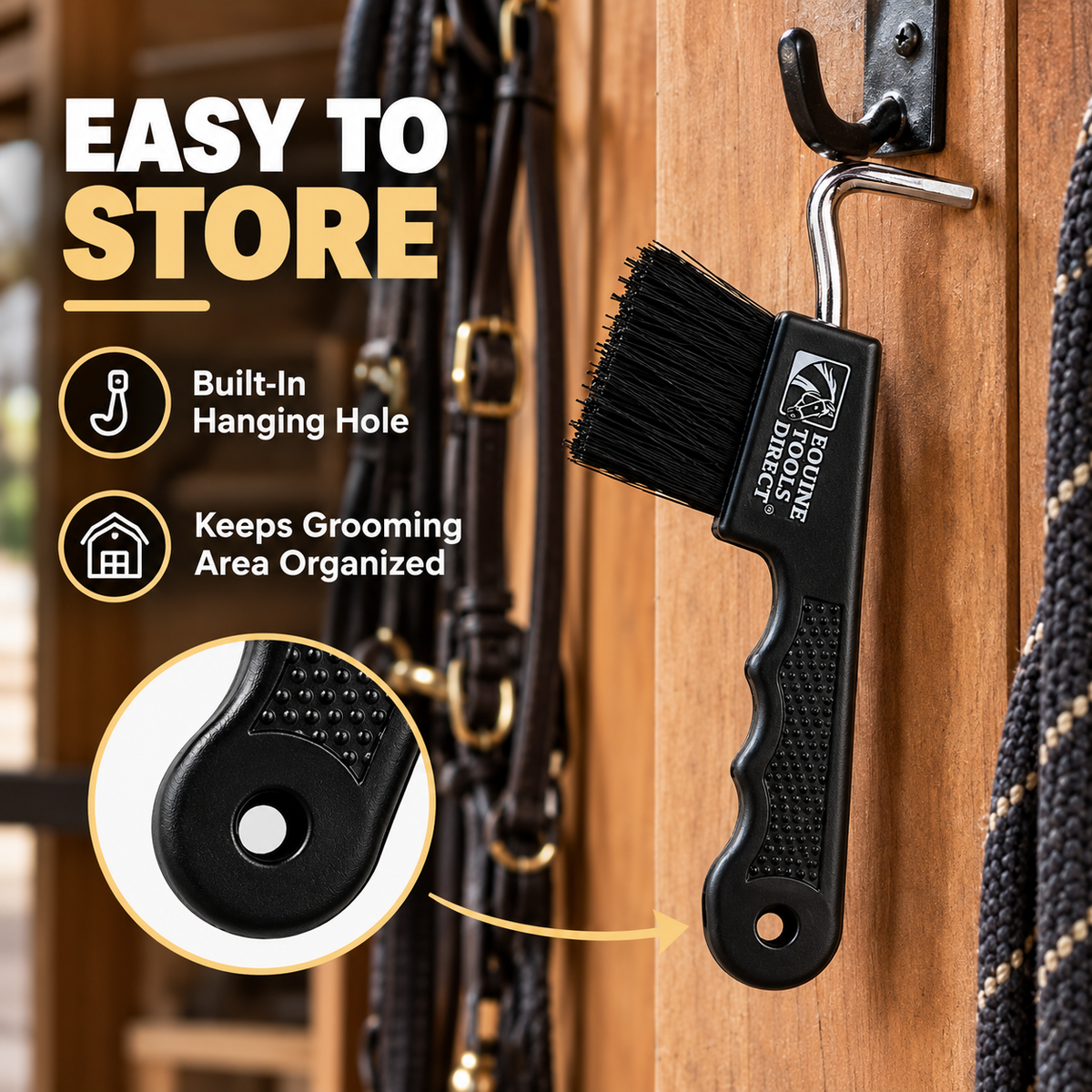 Two Equine Tools Direct horse hoof picks with brush and Stainless steel pick hook on wooden barn surface with rope and horseshoe