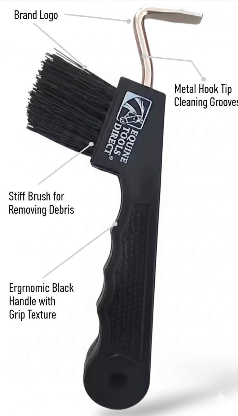 Horse hoof pick with brush features – metal hook tip, stiff debris-removing bristles, ergonomic black grip-texture handle