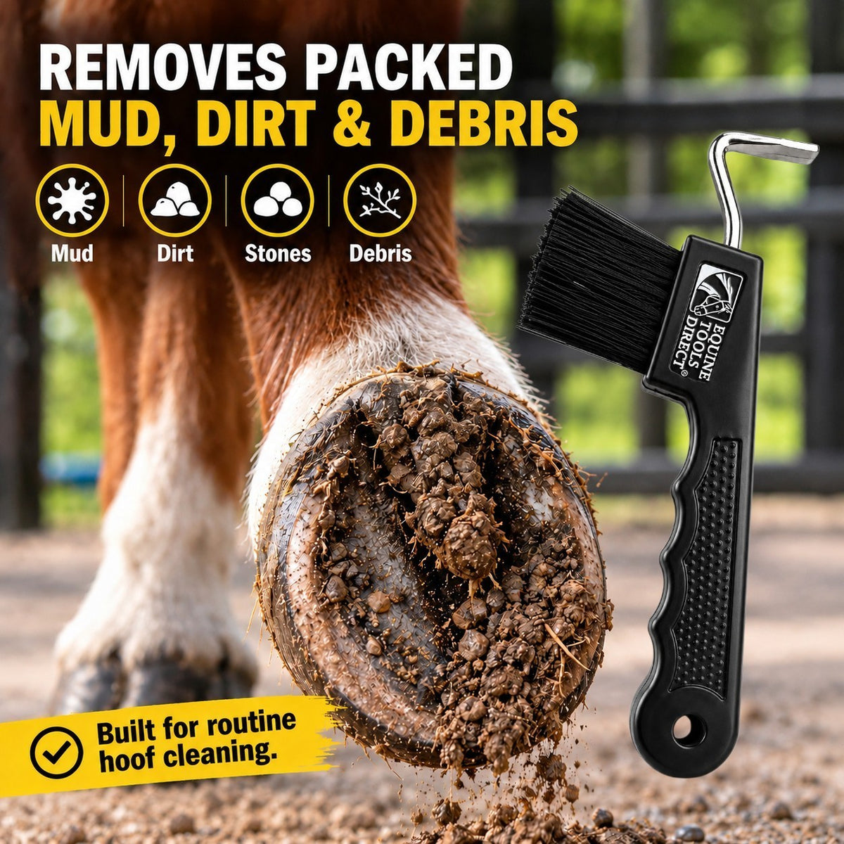 Full product view of Equine Tools Direct horse hoof pick with brush – black ergonomic handle, metal hook, and stiff bristle brush