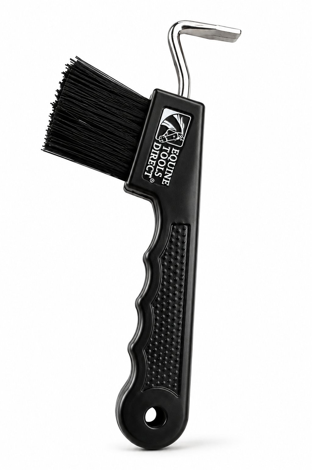 Full product view of Equine Tools Direct horse hoof pick with brush – black ergonomic handle, Stainless steel pick hook, and stiff bristle brush