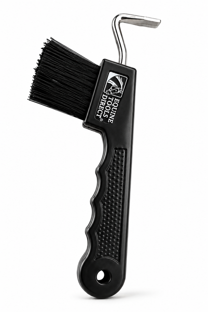 Full product view of Equine Tools Direct horse hoof pick with brush – black ergonomic handle, Stainless steel pick hook, and stiff bristle brush