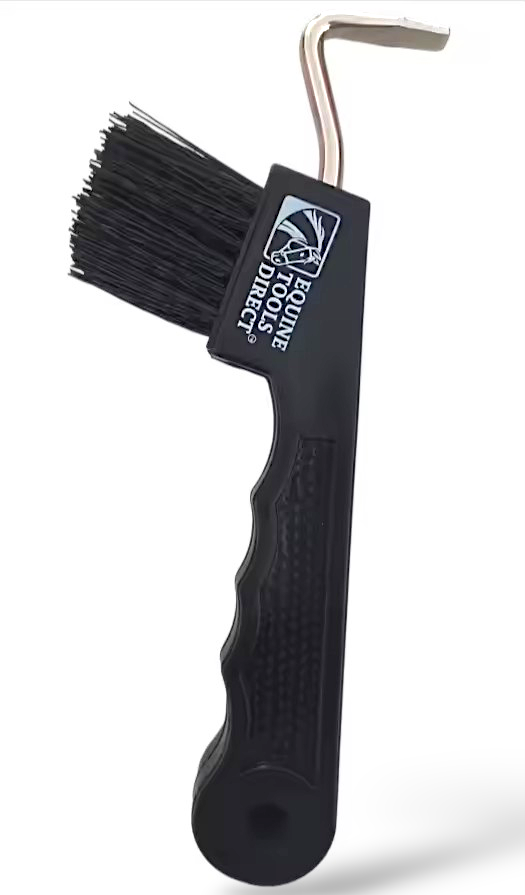 Full product view of Equine Tools Direct horse hoof pick with brush – black ergonomic handle, metal hook, and stiff bristle brush