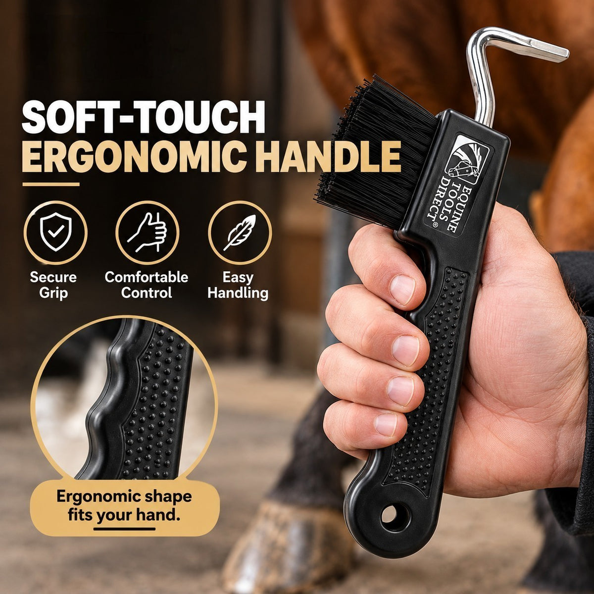 Close-up of ergonomic black grip-texture handle with hanging hole on Equine Tools Direct horse hoof pick with brush