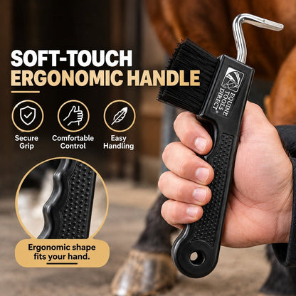 Close-up of ergonomic black grip-texture handle with hanging hole on Equine Tools Direct horse hoof pick with brush