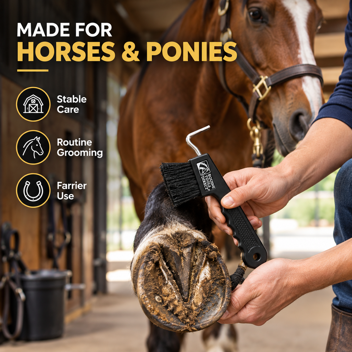 Two Equine Tools Direct horse hoof picks with brush and Stainless steel pick hook on wooden barn surface with rope and horseshoe