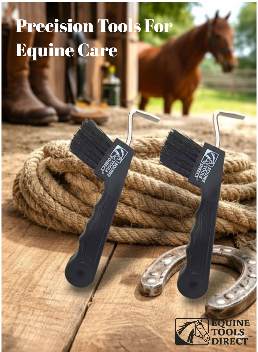 Two Equine Tools Direct horse hoof picks with brush and metal hook on wooden barn surface with rope and horseshoe