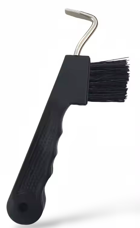 Side profile of Equine Tools Direct horse hoof pick with brush – metal hook, black stiff bristles, ergonomic black handle