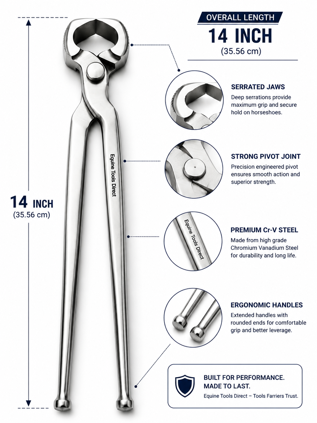 14 inch horseshoe puller size and detail callouts for farrier use