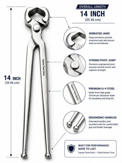 14 inch horseshoe puller size and detail callouts for farrier use