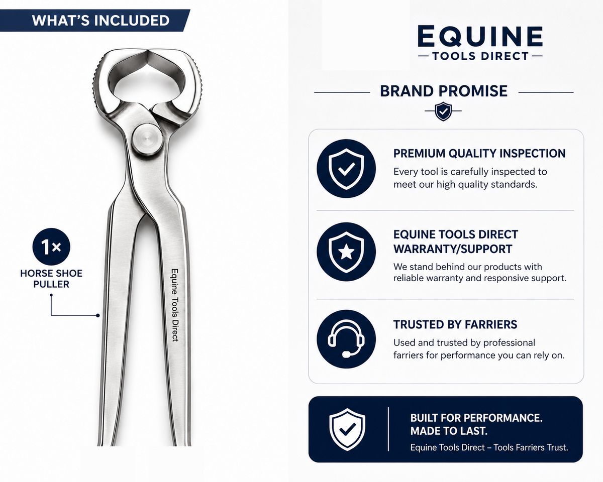 Horseshoe puller and spreader features infographic, 14 inch chromium vanadium steel
