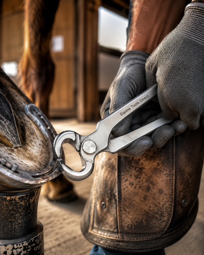 Farrier using a 14 inch horseshoe puller to remove a shoe from a horse hoof