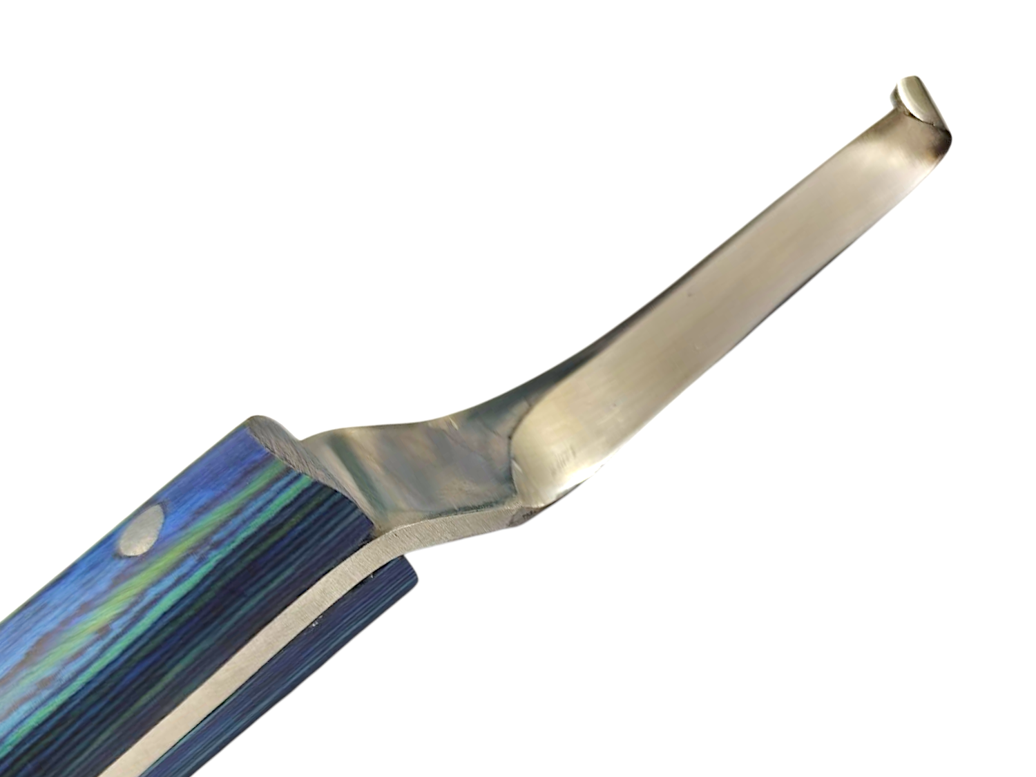 Close-up of J2 420 magnetic stainless steel curved blade hoof knife for precise farrier trimming