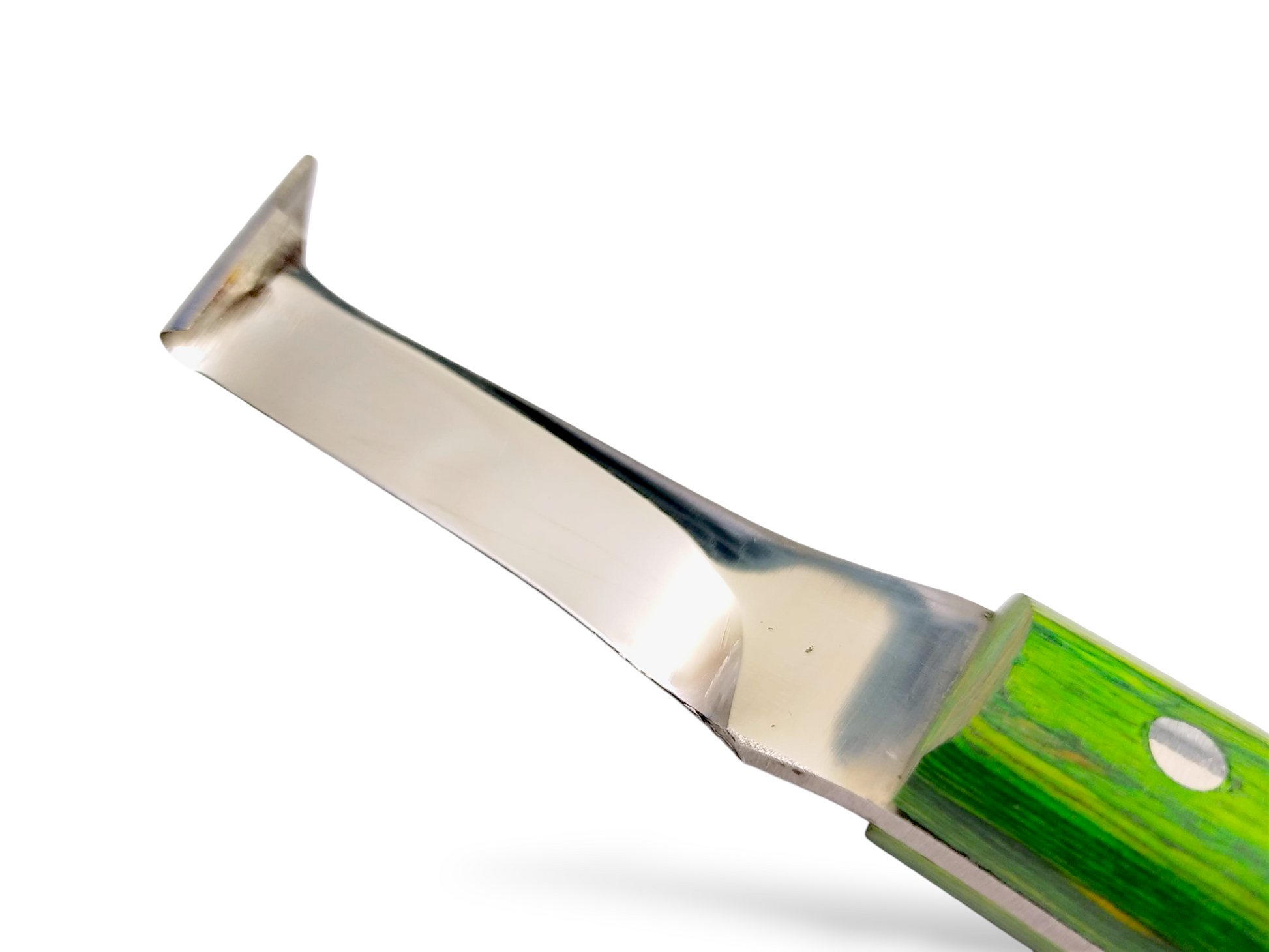 Close-up of J2 420 magnetic stainless steel straight blade hoof knife