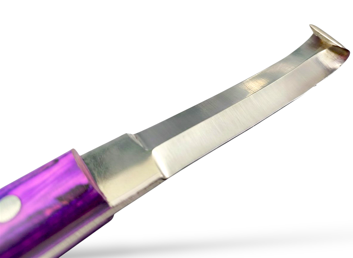 Close-up of J2 420 Magnetic stainless steel double-edge hoof knife blade